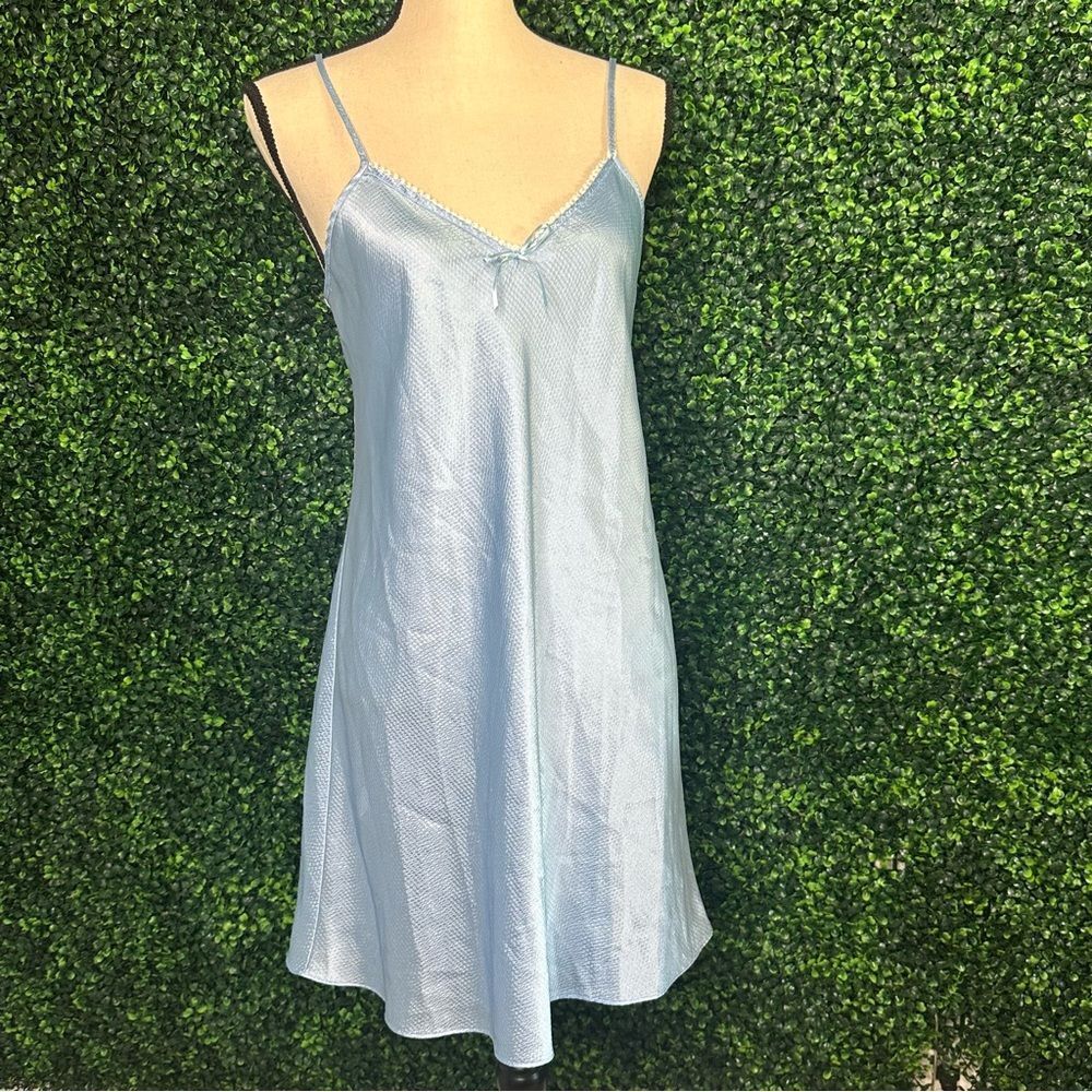 Vtg Y2K 90s Morgan Taylor Satin Blue Chemise Nightgown Slip Dress Lingerie Sz M